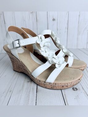 B.O.C. White Flower Vegan Leather Cork Wedges Open Toe Slingback Sandals